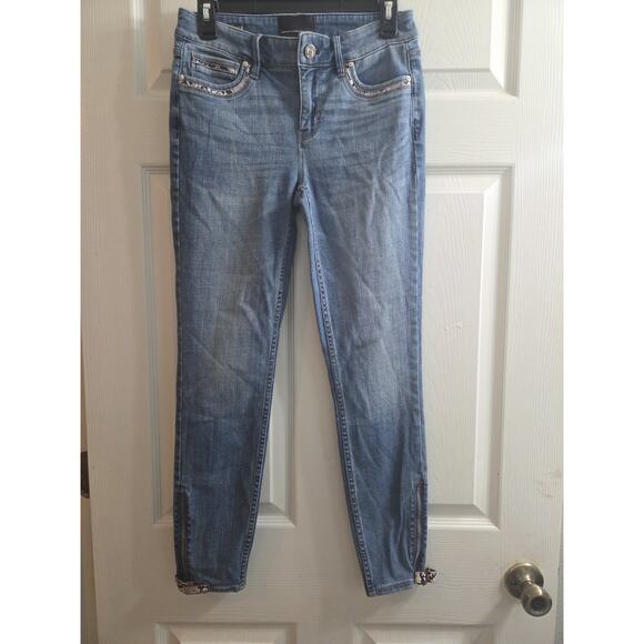 White House Black Market Skinny Ankle Zip buckle Hem Jeans Snake Trim Mid rise 2 - Picture 1 of 12